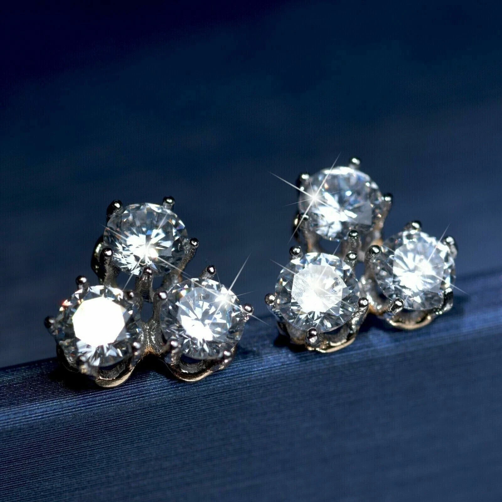 14K Yellow Gold Plated 2Ct Round Cut Lab Created Diamond 3 Stone Stud Earring