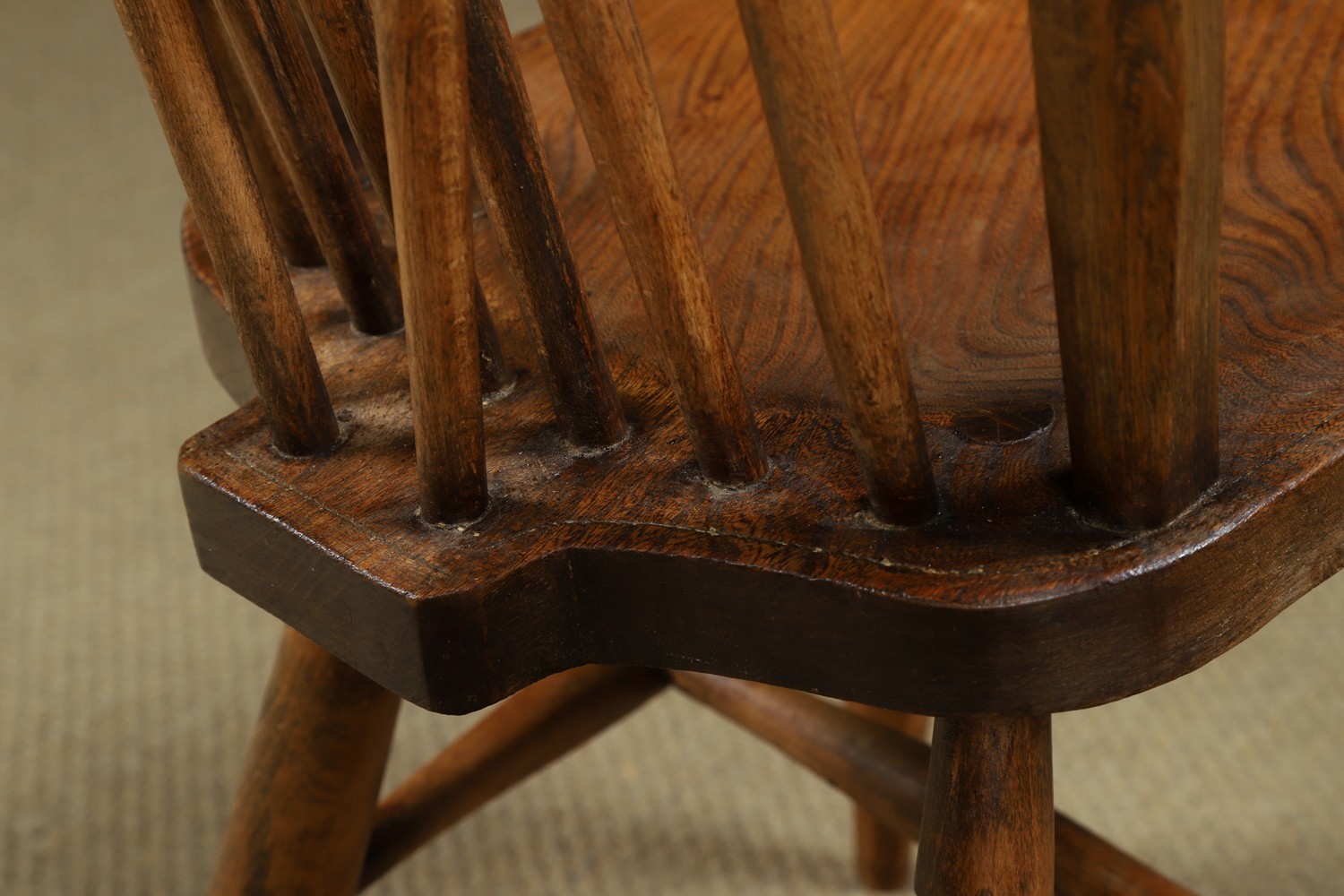 Antique English Ash & Elm Four 4 Windsor Hoop & Stick Back Kitchen Dining Chairs