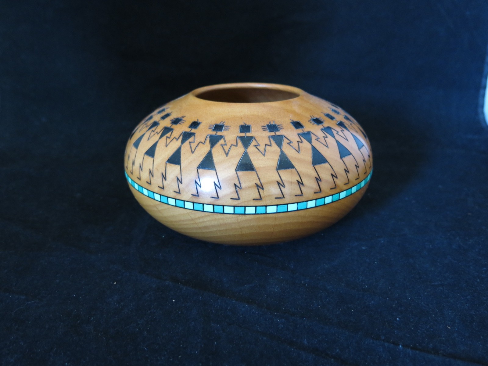 Vintage Klaus Stange SW Indian Alder Wood Turned Bowl Southwest Dancers Kachinas