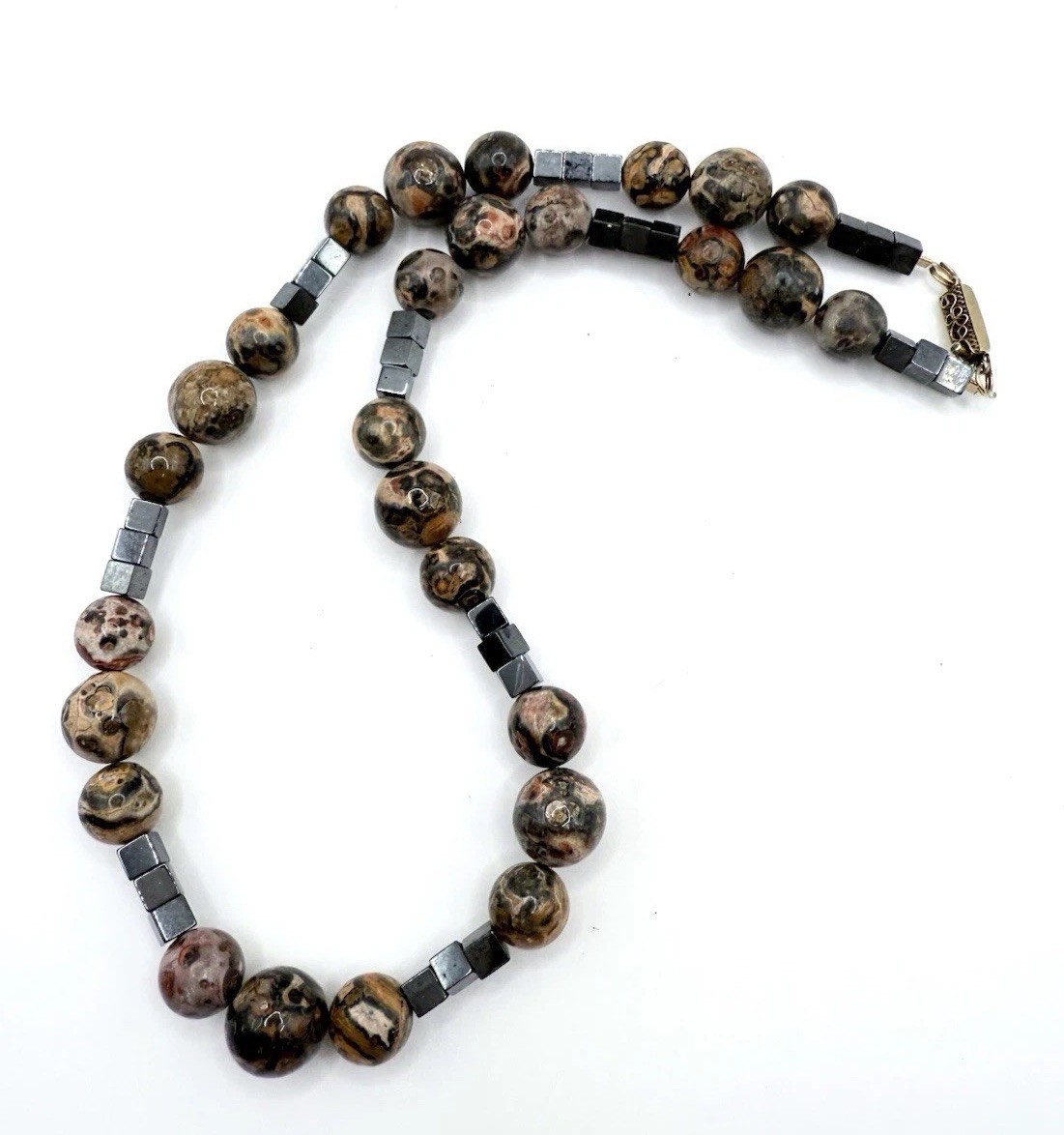 Chinese Export Sterling Silver Leopard Skin Jasper Necklace Vintage Jewelry