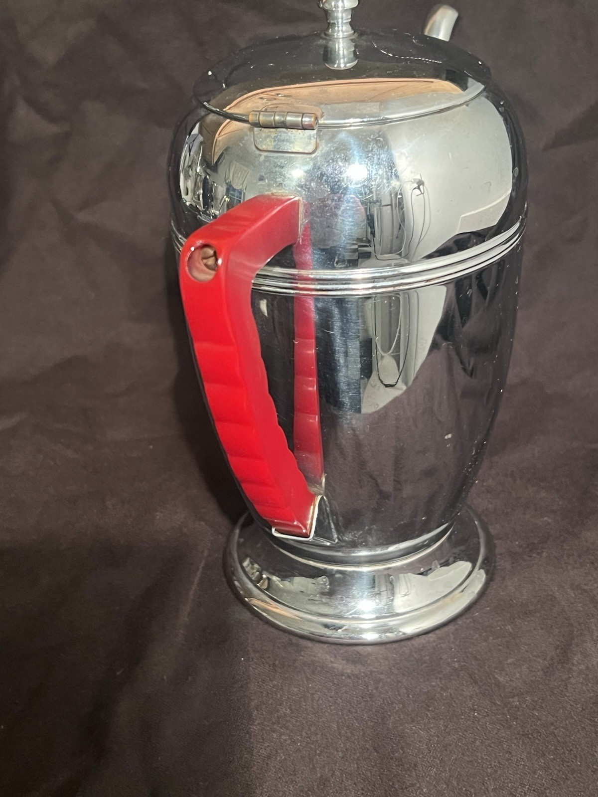 Vintage Keystoneware Coffee Tea Pot Chrome Art Deco Red Bakelite Handle