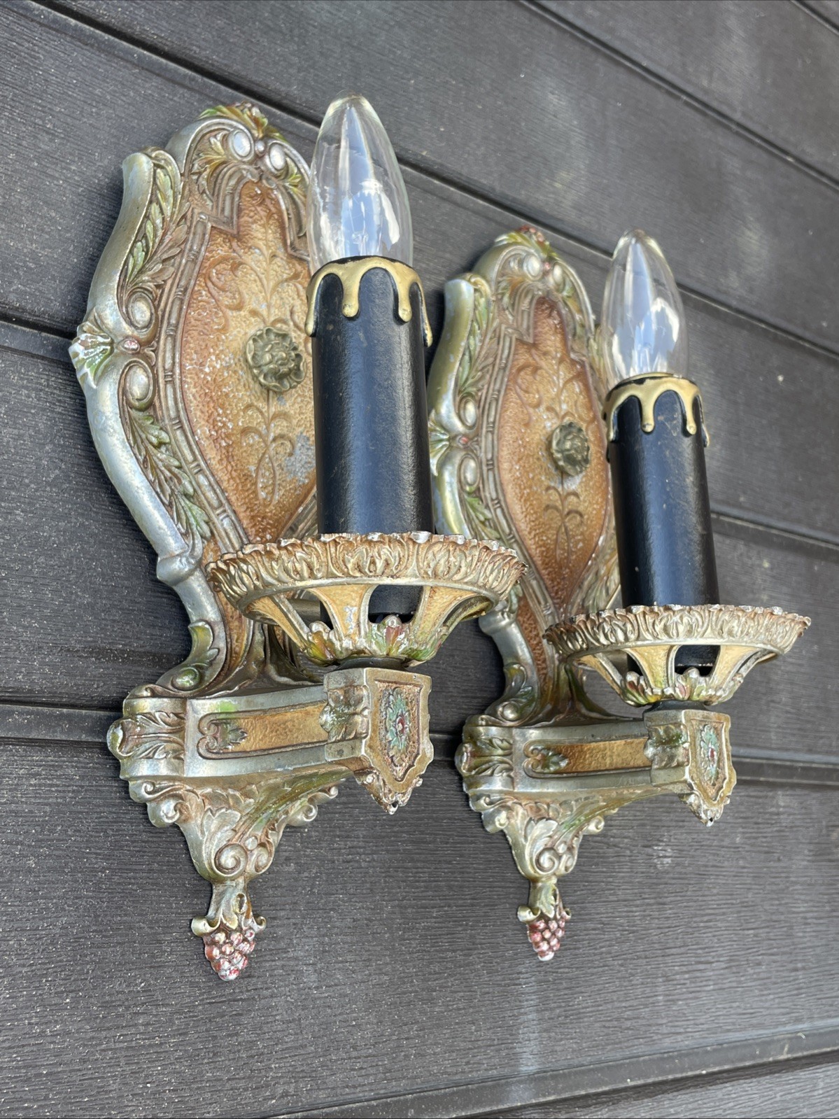 REWIRED Pair Antique Vtg Polychrome Wall Sconces Arts & Crafts, Deco 1920s 1930s