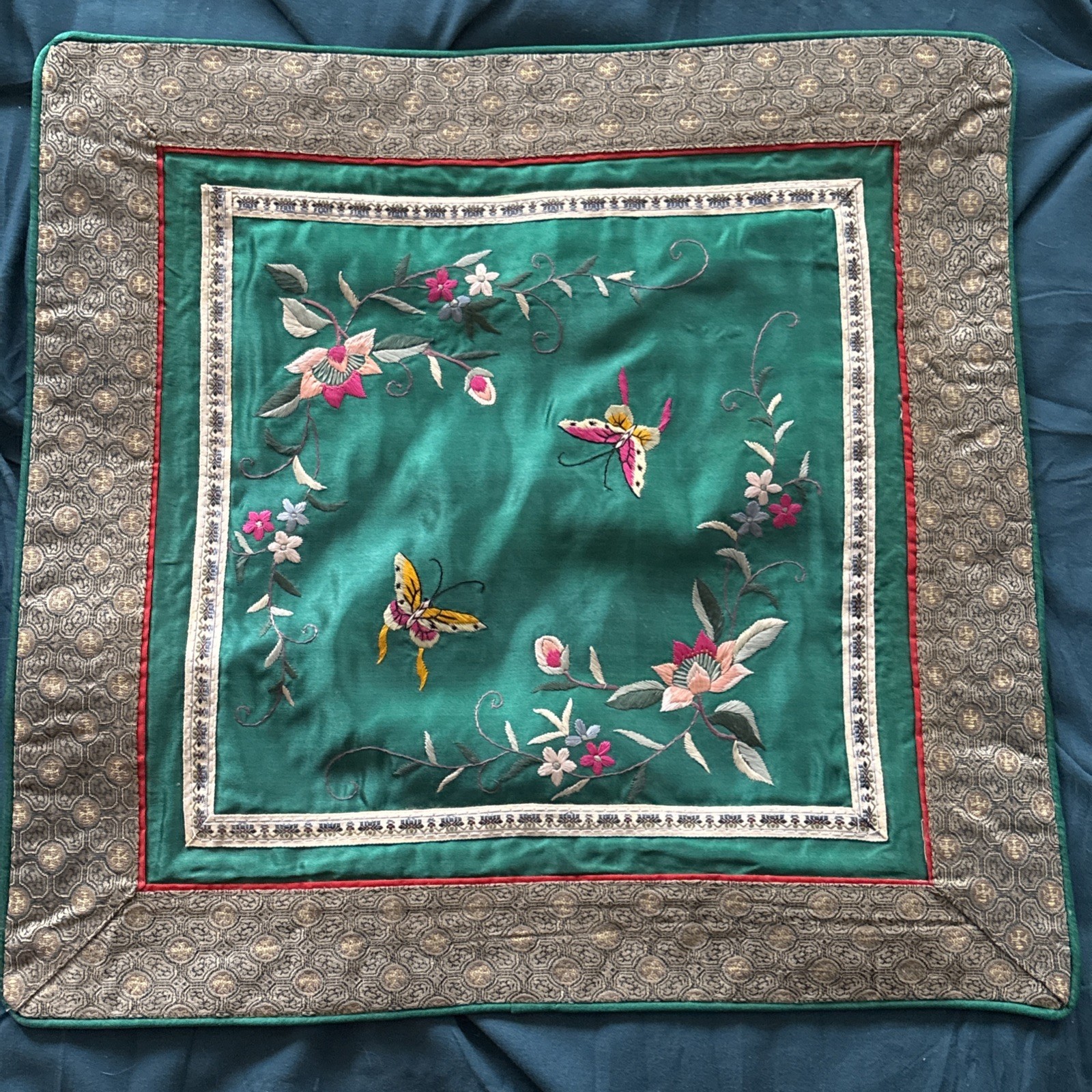 Vtg Chinese Silk Embroidery Art Panel Floral Butterfly 16″ x 16″ Square Green