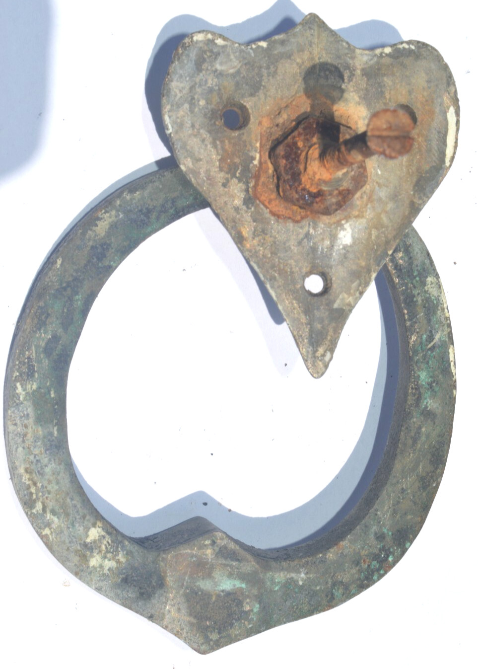 Antique aged Brass Door Knocker ~Shield mount , heavy handle, tarnish Hand Forge