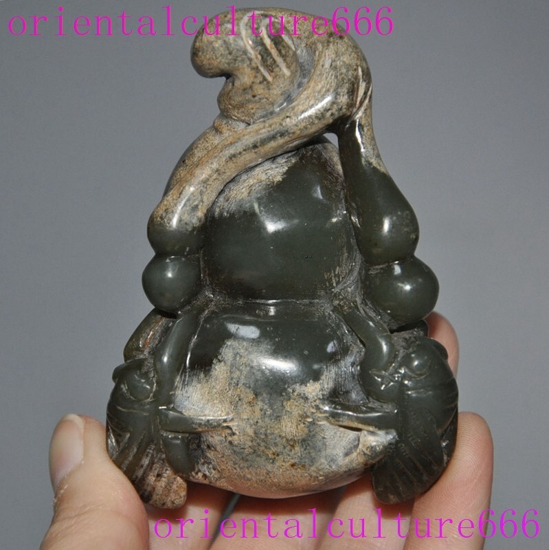 3.2″China ancient hetian Old Jade Carved fengshui wealth cicada calabash statue
