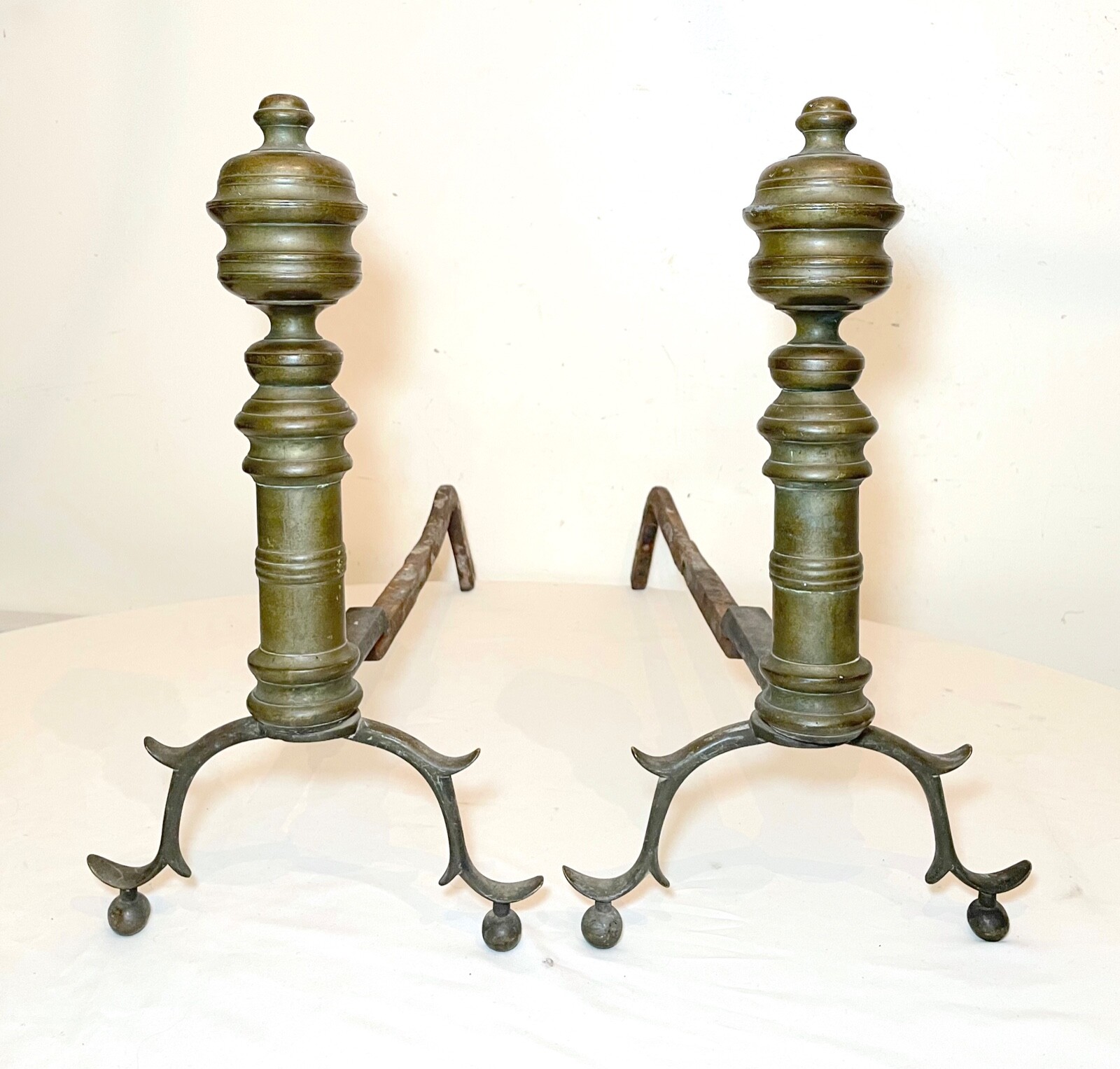 pair of turned 18th century peened brass wrought iron Georgian andirons 1700’s