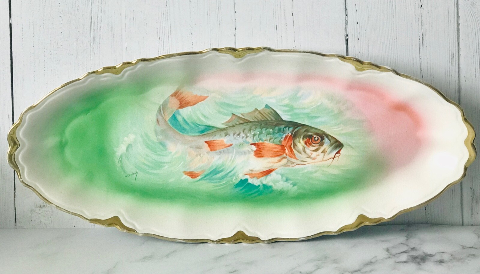 Antique Sterling China Hand Painted Artist Signed Fish Platter w/ Gold Edge