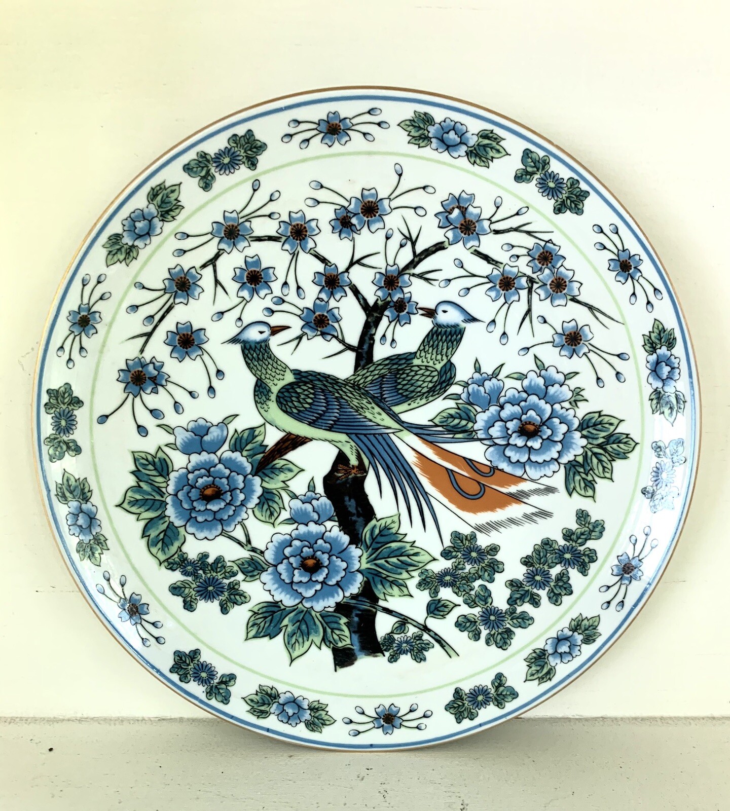 ANTIQUE JAPANESE IMARI Ware Pheasants Birds 10” Green Blue Flowers Japan