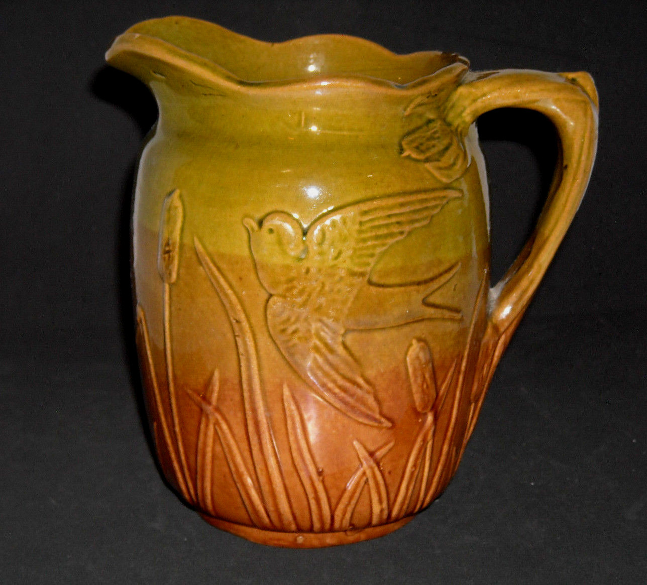 Antique Stoneware Pitcher Blended Green & Brown Flying Bird Cattails 1905 – 1925