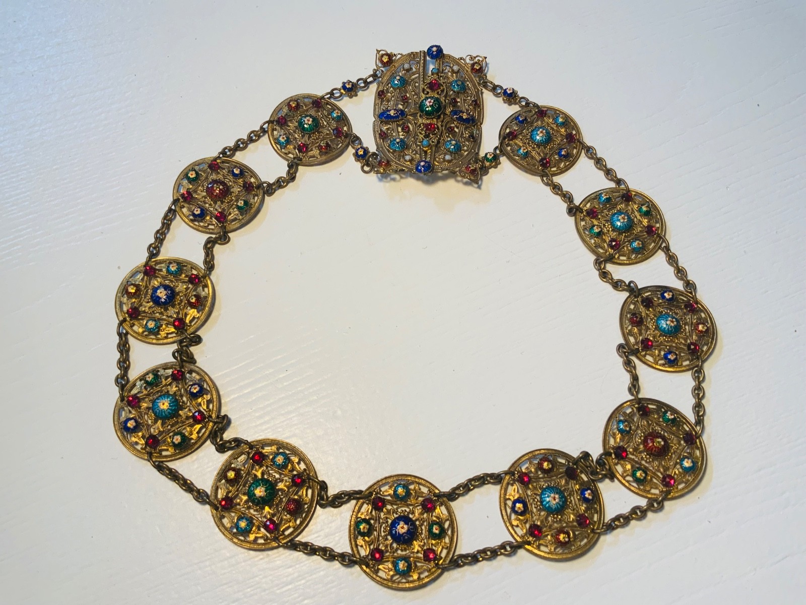 STUNNING! EXTREMELY ORNATE Antique BRASS*JEWELED*ENAMEL*FRENCH*Vanity CHATELAINE