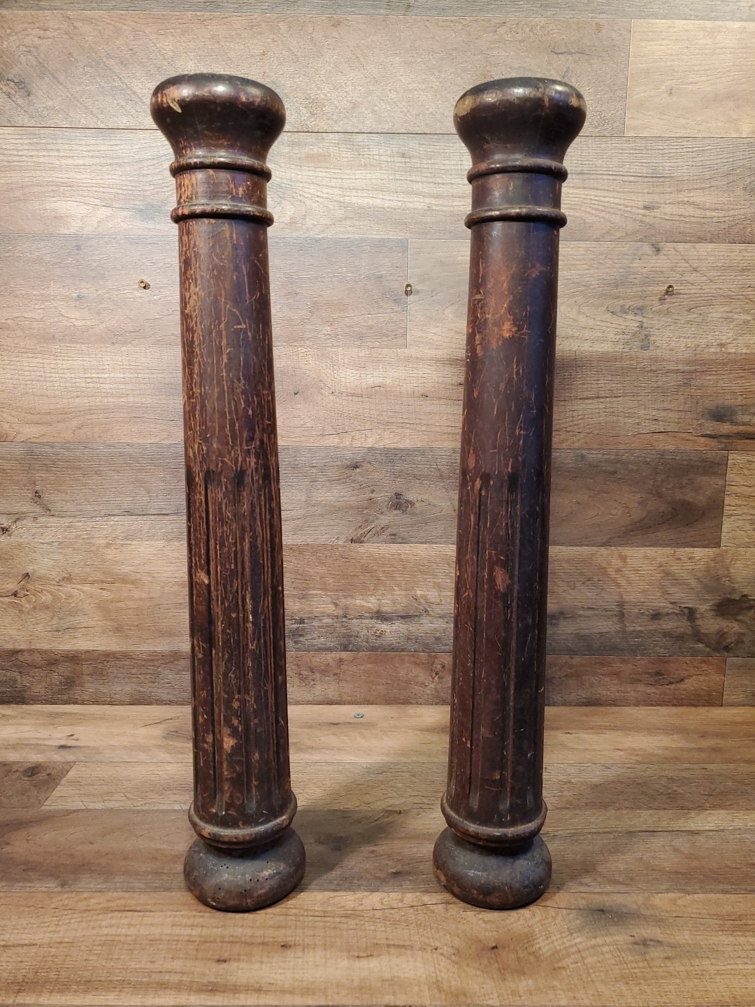 Two Antique Victorian Home Wood Fluted Tapered Post Columns Corinthian Table Art