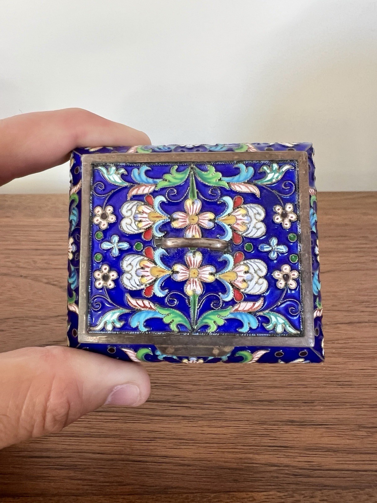 Antique 19th C Russian Solid 84 Silver Multi Color Enamel Floral Lidded Box 114g