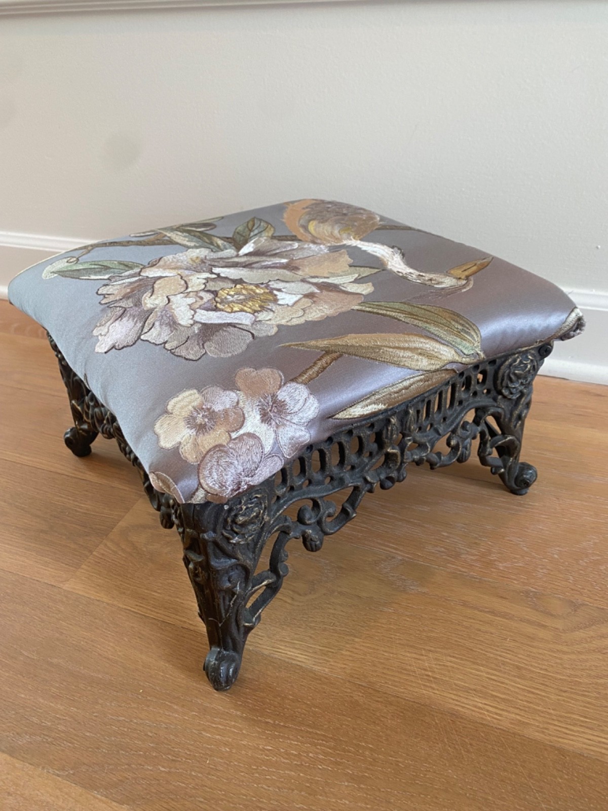 Cast Iron Victorian Footstool Vintage Embroidered Silk Chinoiserie Fabric Peony