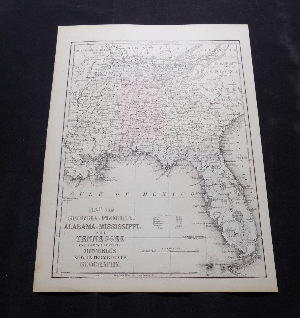 1880 Antique Atlas Map / FLORIDA, GEORGIA, ALABAMA, MISSISSIPPI, TENNESSEE