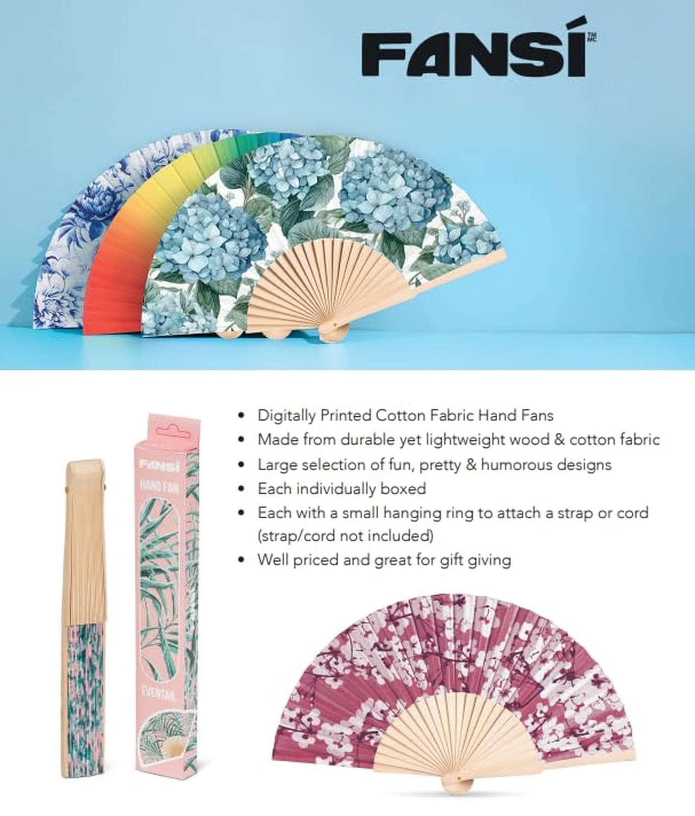 Abbott Collection Hydrangea Folding Hand Fan – Wood/Cotton, Blue/Green (16″W)
