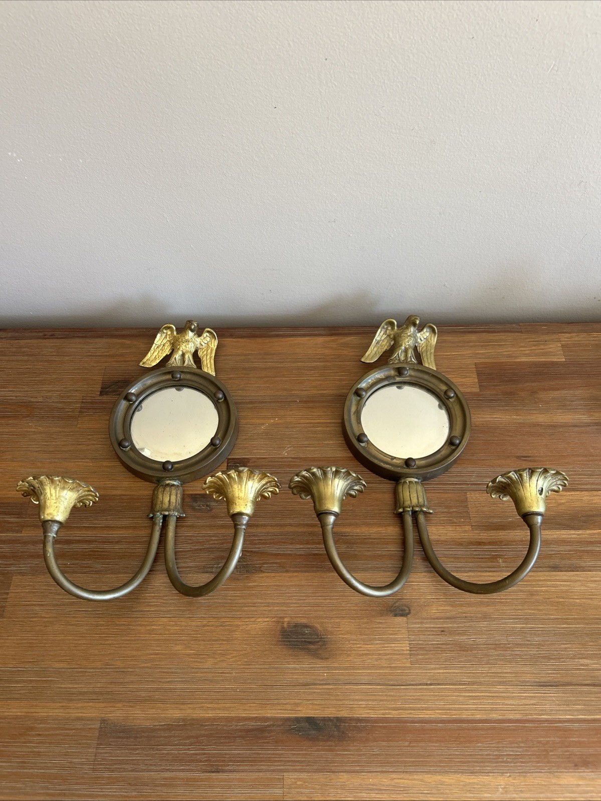 Pair of Vintage American Brass Eagle Convex Mirror Two Arm Wall Sconces Federal