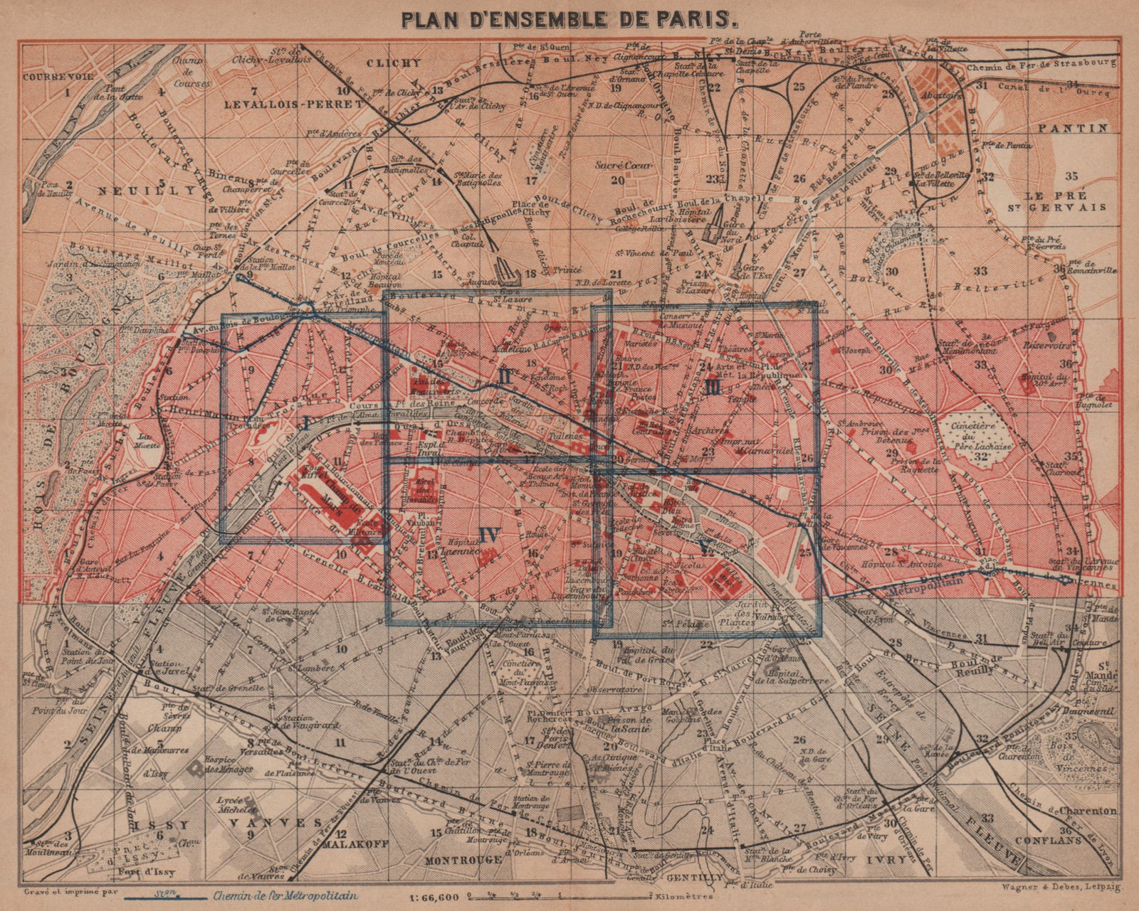 PARIS town city plan de la ville showing city walls. Railways carte 1900 map