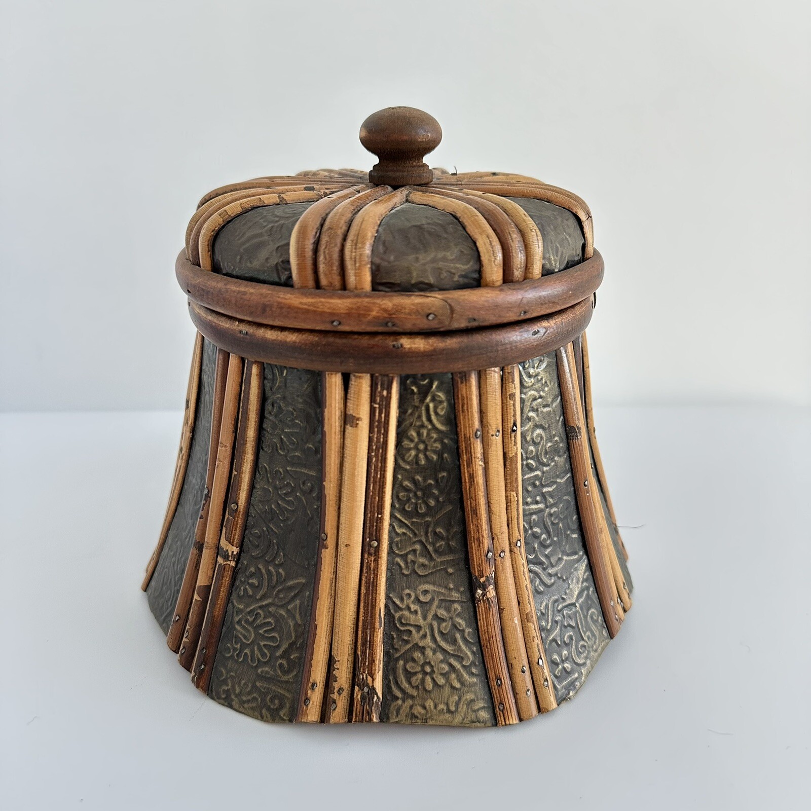 Antique Japanese Basket Rattan Wood Metal Relief Sewing Box Storage w/ Lid