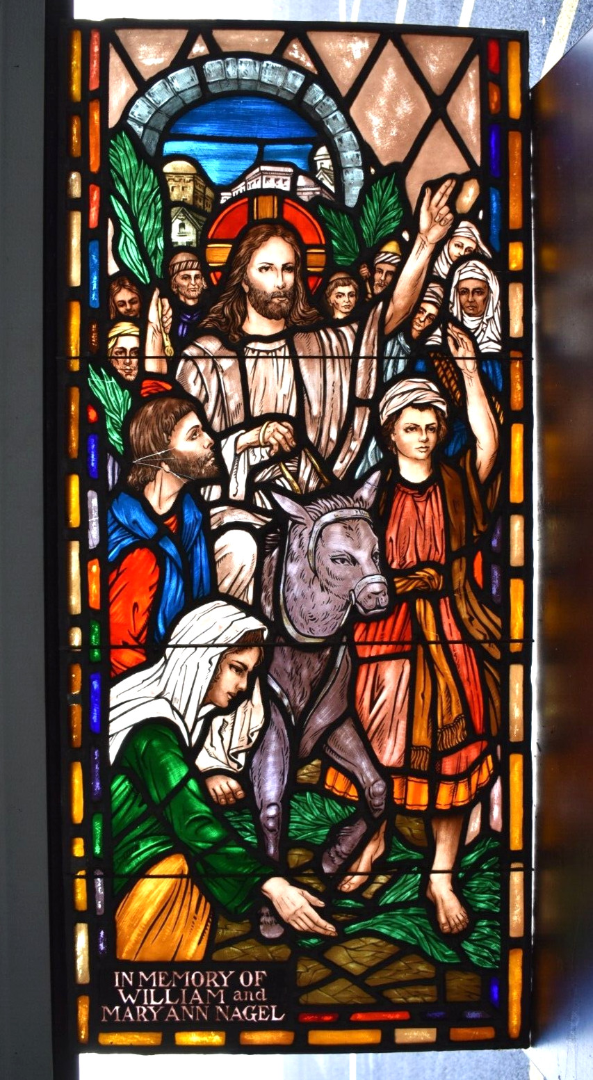 + Stained Glass Church Window, Jesus with Donkey, 49 3/4″ x 22 3/4″ (FPR25)
