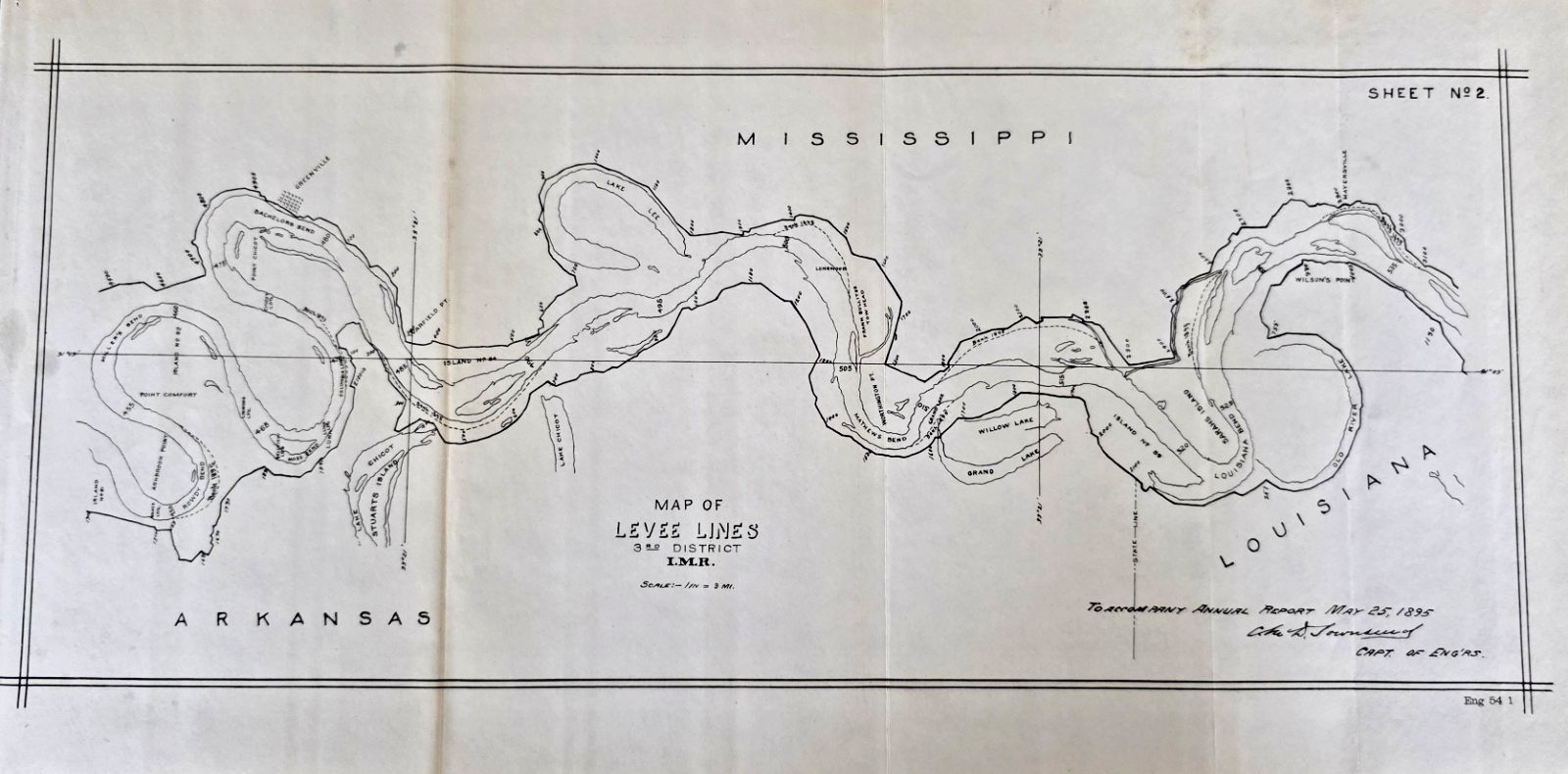 Antique 1896 Mississippi River Levee Lines 3rd District Map AR LA 18×9