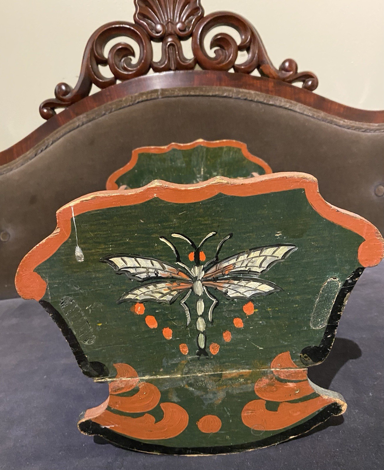Early Handmade Wooden Doll Cradle Paint-Decorated Dragonfly & Red Scrolls French