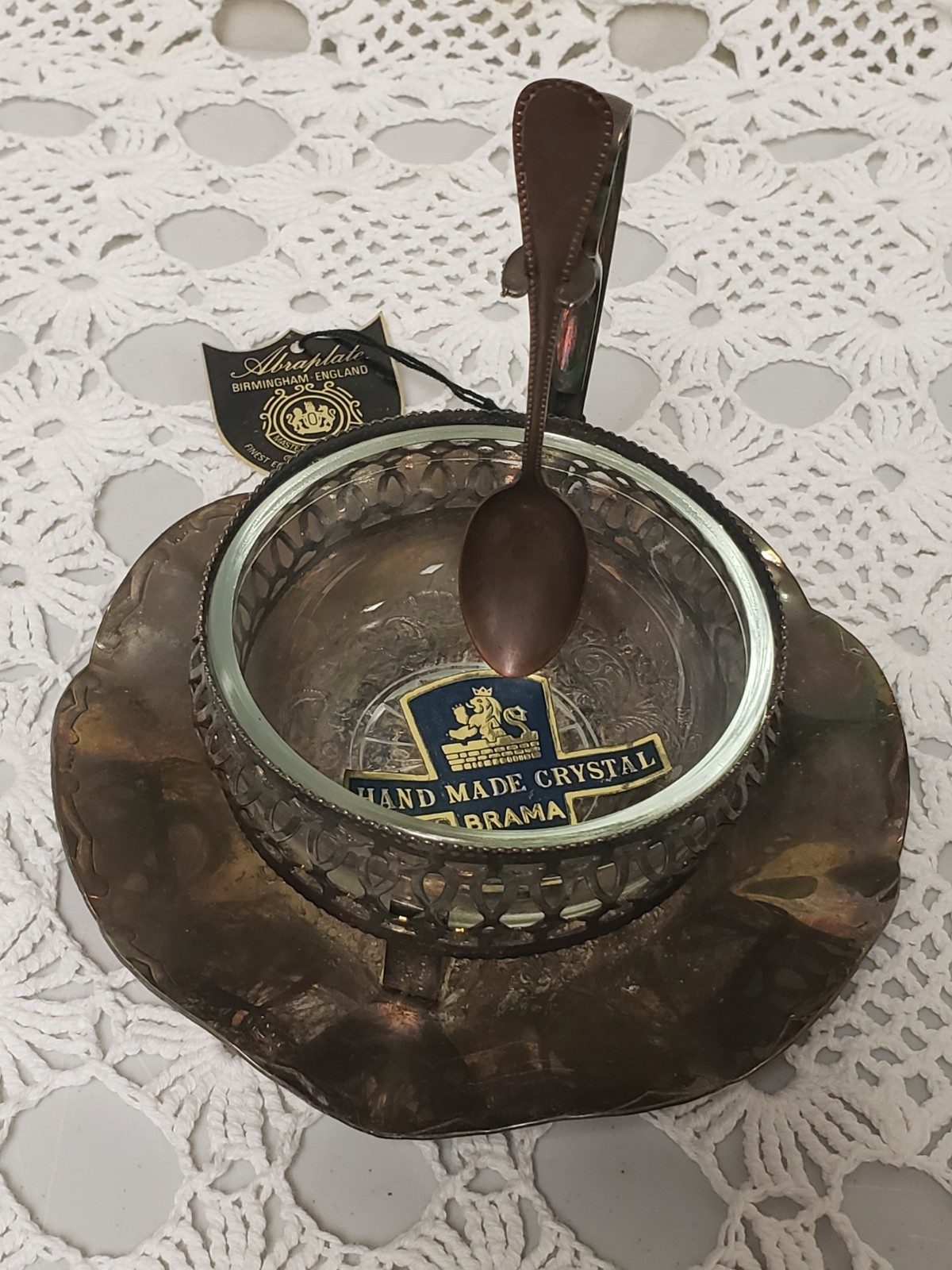 Vintage Abraplate Birmingham Silver Plate Glass Bowl w/ Tongs Spoon – England