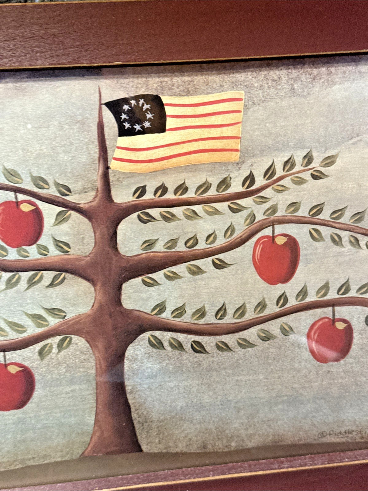 Vtg Primitive Print Apple Tree/Early American Flag By fiddlesticks 21.75” x 12”