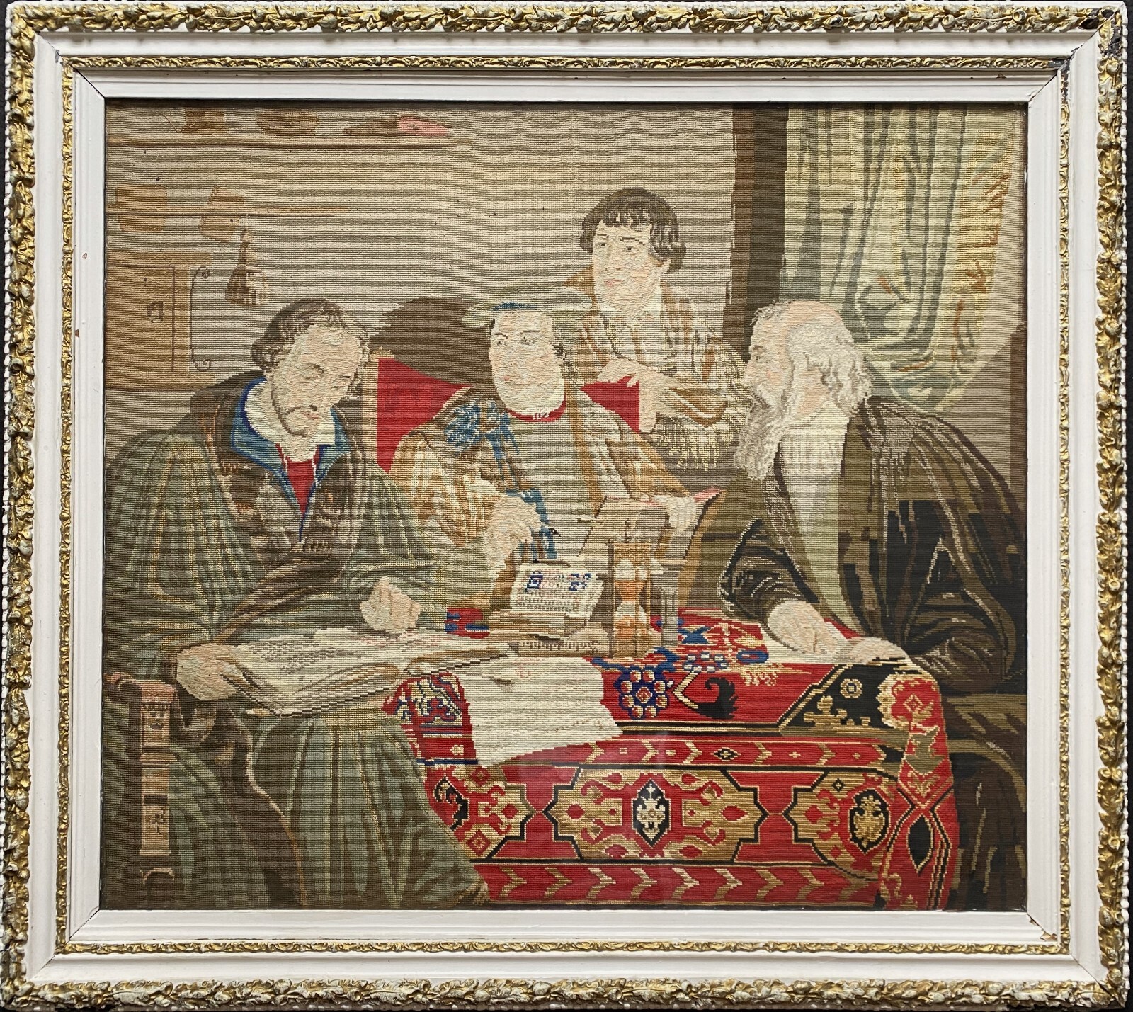 LARGE MID-19TH CENTURY GERMAN BERLIN WOOL WORK TAPESTRY GILT-FRAMED WALL HANGING