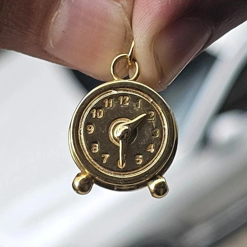 Vintage Style Clock Charm Pendant 14K Yellow Gold Plated Silver Free 18″ Chain