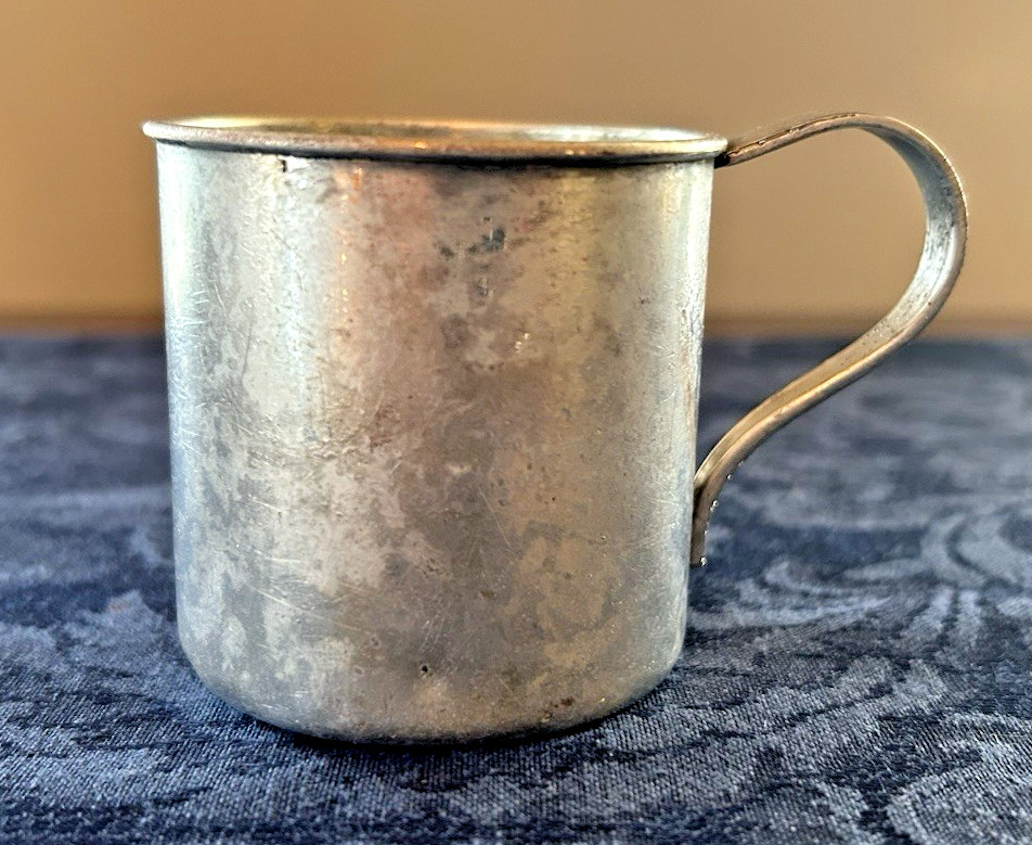 1881 Rogers Silverplate Bee Baby Child’s Mug Shows Wear, Patina, Dents 2.5″