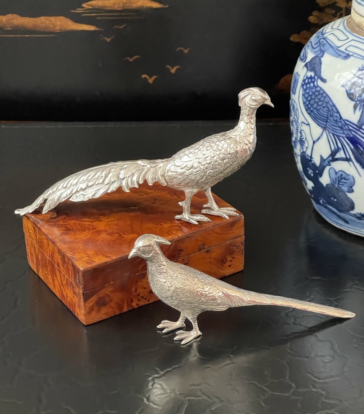 Rare Antique 925 Sterling Silver Figural Pheasant Game Bird Pair Spain 6.5/5.5”