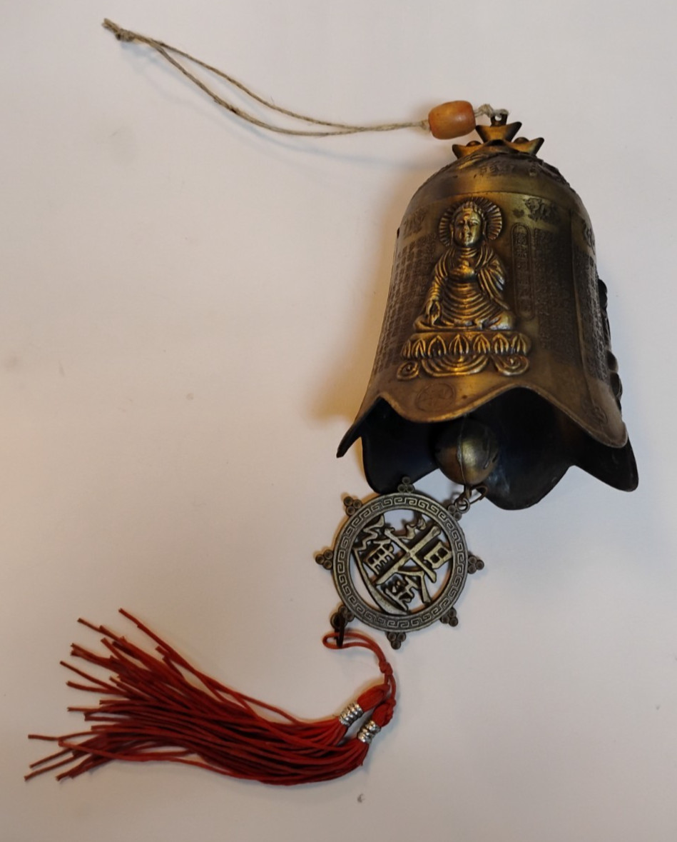 Antique Hand Forged Asian Buddha Dragon Brass Temple Bell Knocker With Tassel