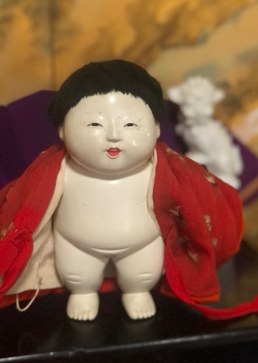 GOSHO PALACE DOLL 7″HI SHEEN GOFUN* SILK KIMONO*EMBROIDERY*CRANES*ICHIMATSU