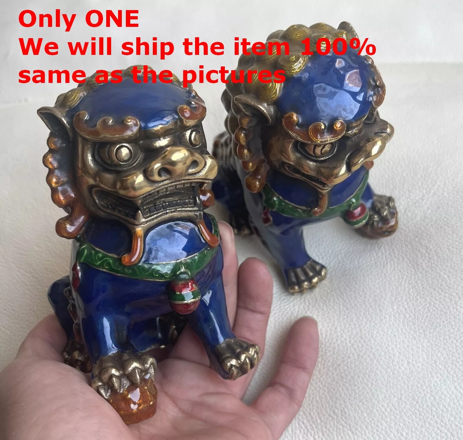 Unique Pair Chinese Brass Cloisonne Guardion Fu Foo Dogs Lion Statue Feng Shui