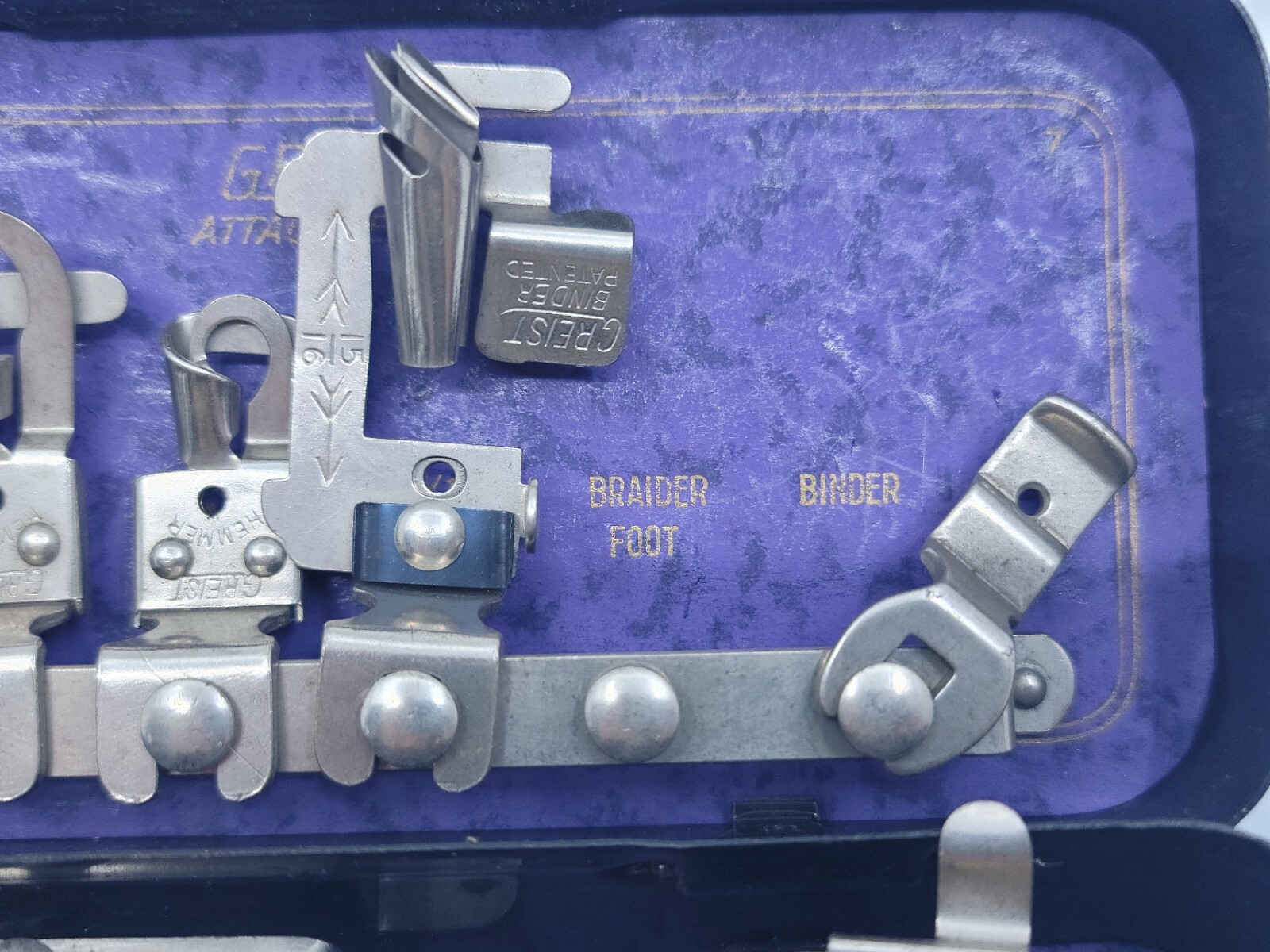 Vintage Greist Sewing Machine Attachments In Original Tin Box Antique Estate