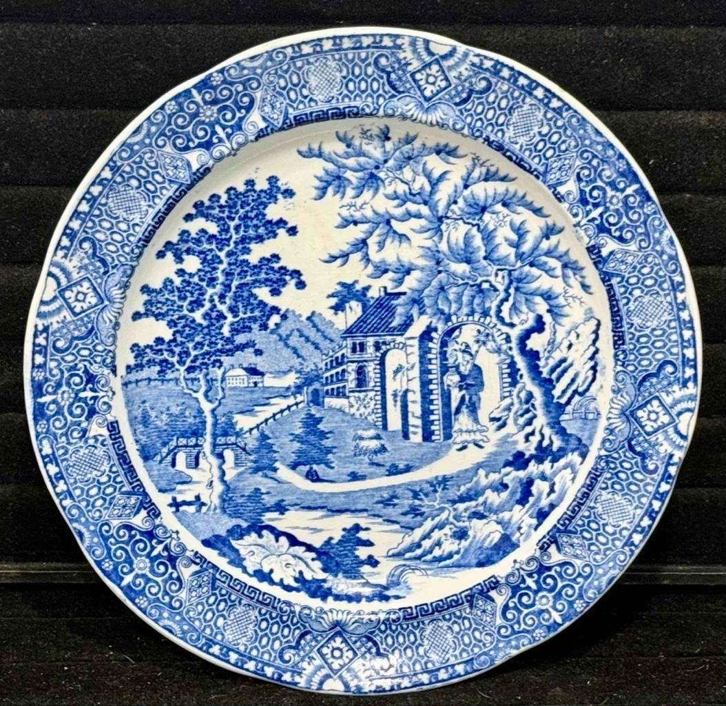 Antique Staffordshire Blue Transfer Chinese Flower Woman Transfer Plate, c. 1820