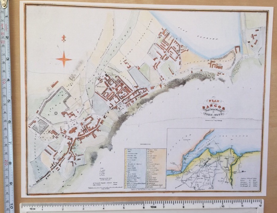 Old Antique colour map of Bangor, Wales: 1800’s, 1834: 12″ x 9.5″ Wood: Reprint