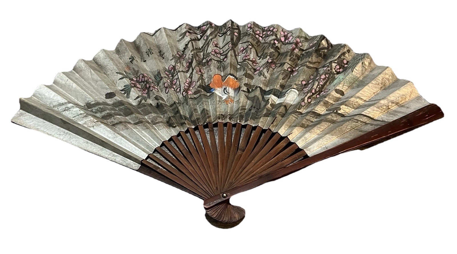 Antique? Vintage? Hand Painted Birds Trees Oriental Folding Fan Beautiful Large!