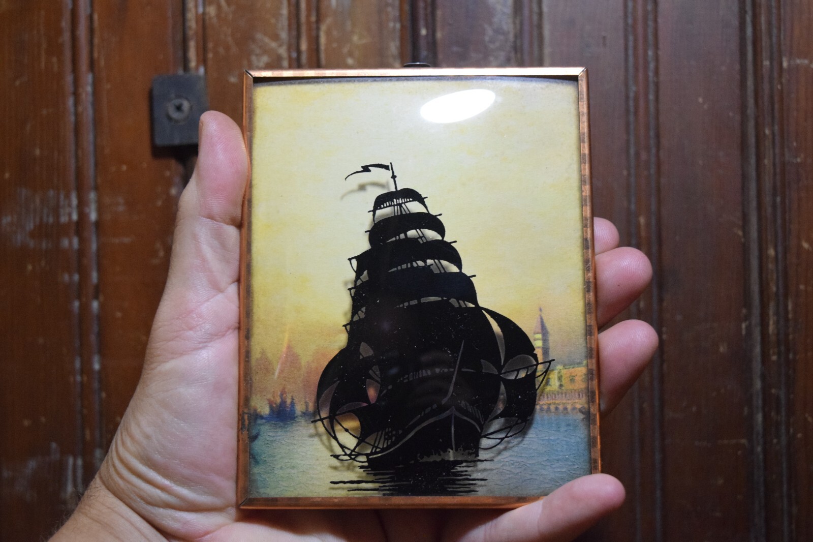 1910s CIRCA REVERSE PAINTED CONVEX BUBBLE GLASS PAINTING TALL SHIP LEAVING PORT