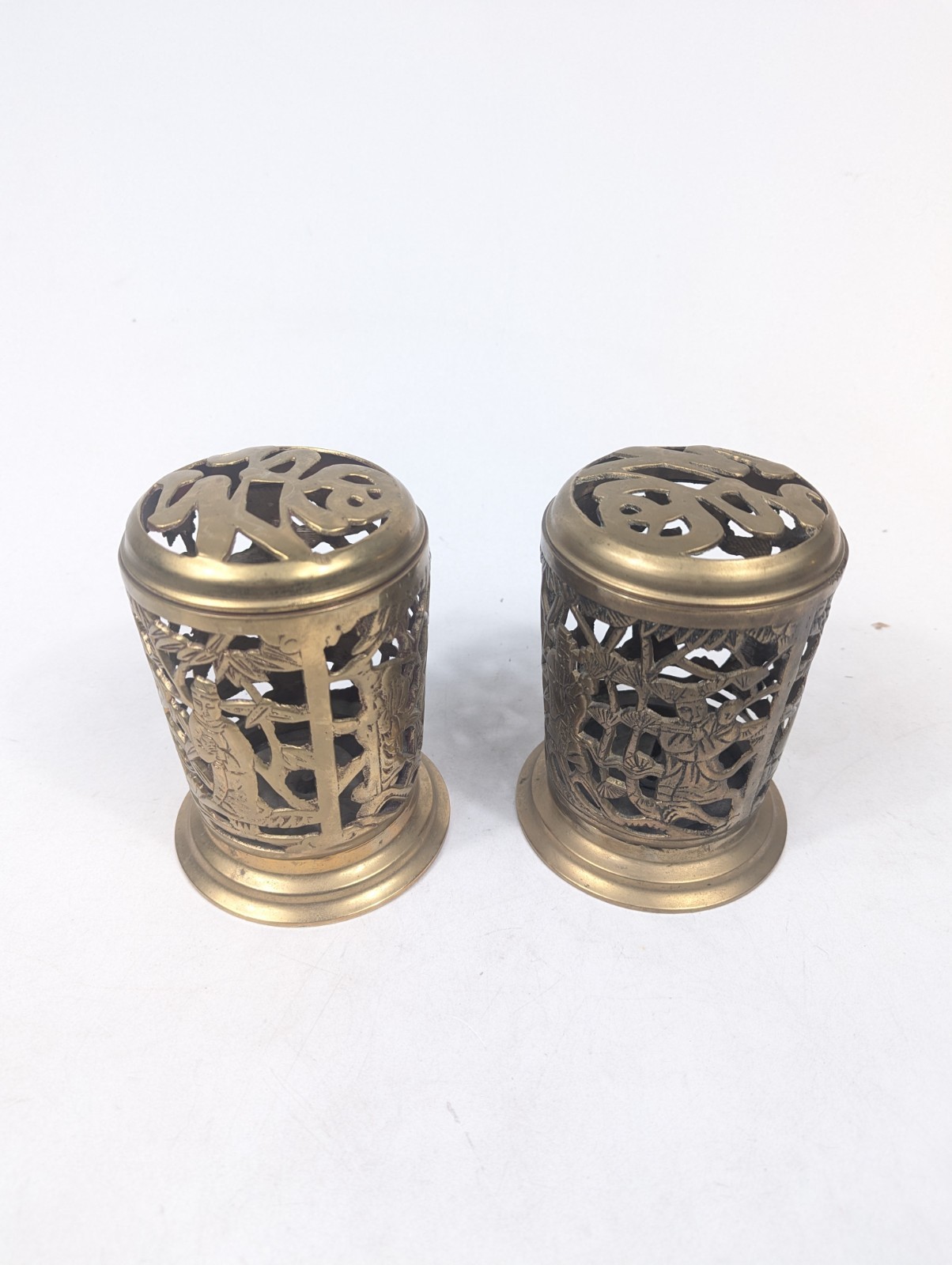 Antique Chinese Brass Immortals Incense Burner Censer Pair Fu Lid Pierced Taoist