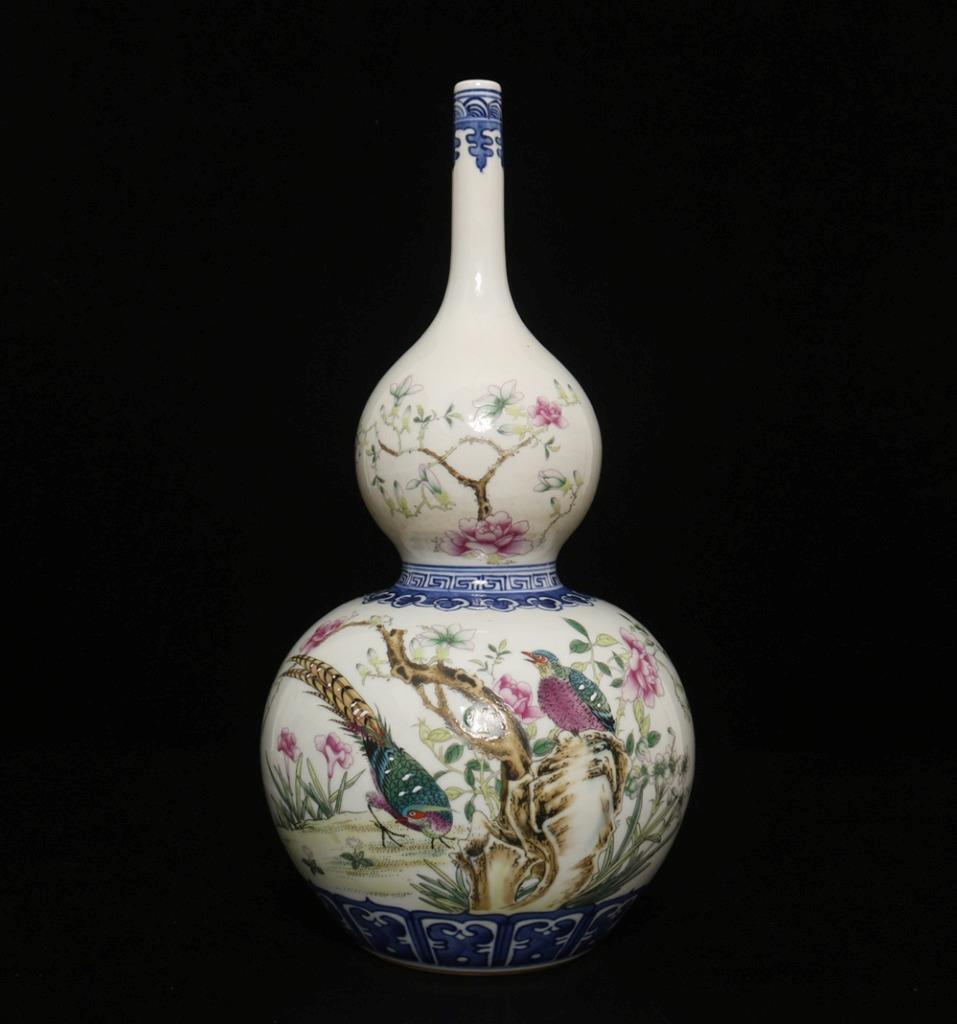 32CM Qianlong Signed Antique Chinese Famille Rose Gourd Vase W/bird