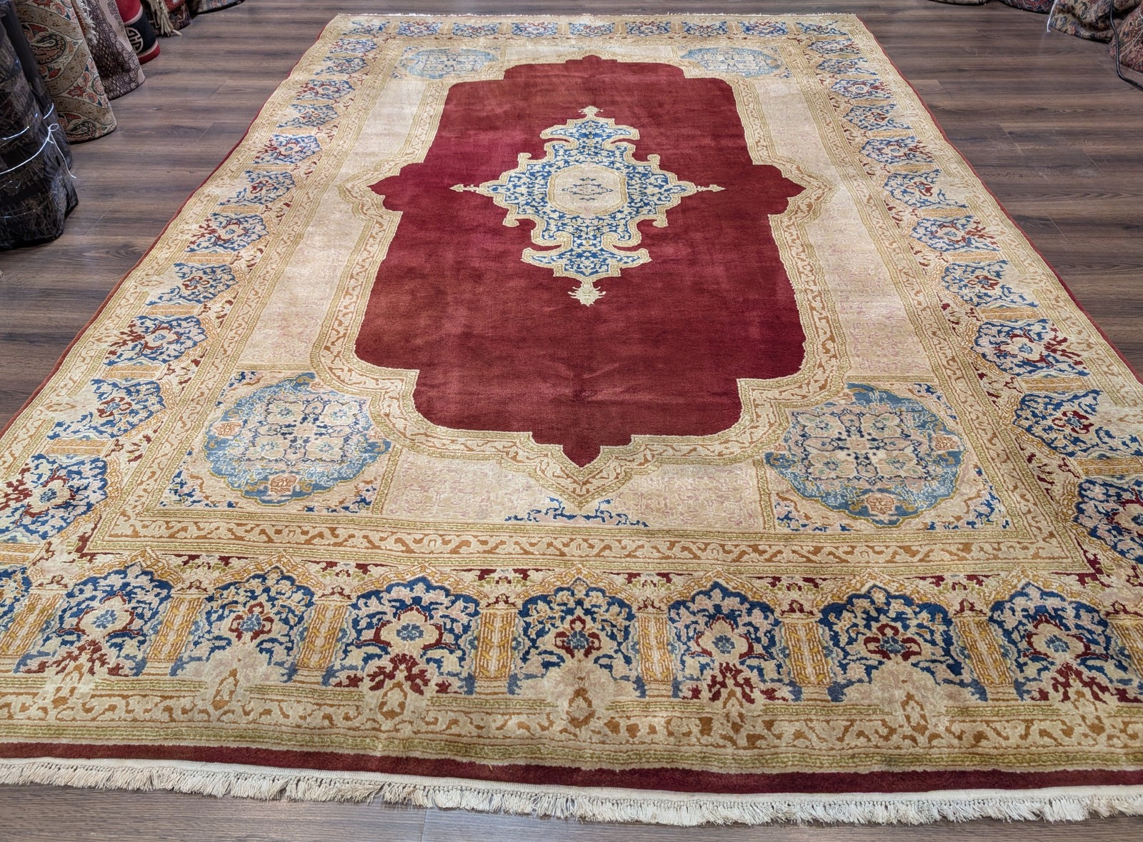 Per’sian Kirman Rug 8×11, Red Semi Open Field, Handmade Wool Carpet
