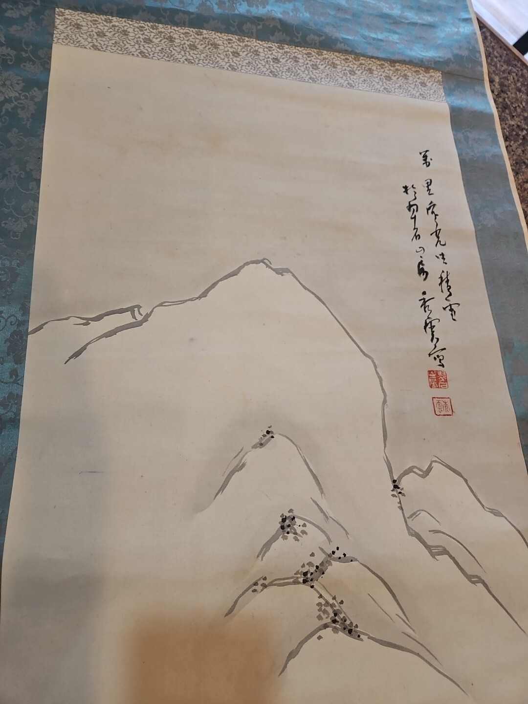 Oriental Hanging Scroll Hand Painted Mountains House Signed Vintage 78×21 Inches