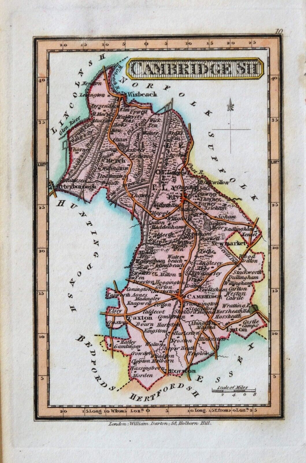 CAMBRIDGSHIRE, Darton Original Hand Coloured Miniature Antique County Map c1822