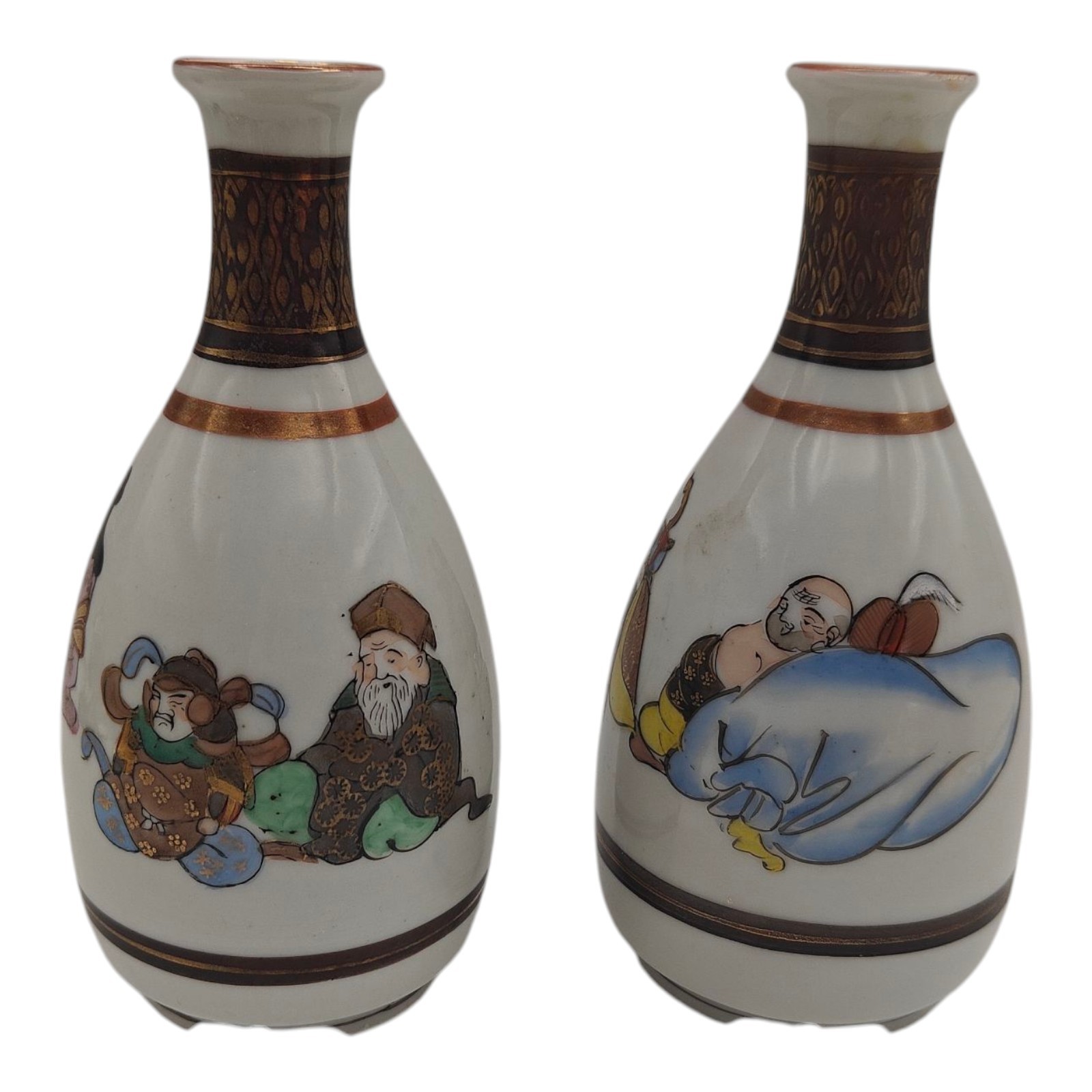 Vintage Kutani Japanese Sake Bottles Lot Of 2 Figures Sitting