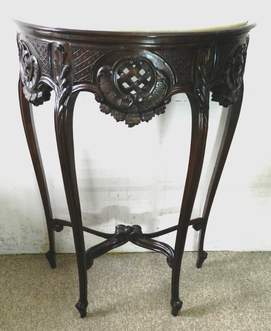 1800s Tall French DEMILUNE, Stone Top, Master Carved, Walnut CRESENT Table