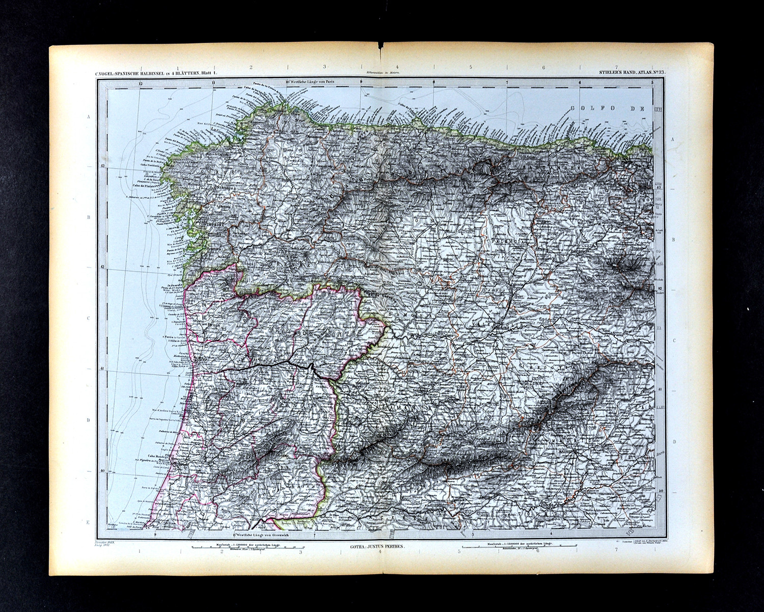 1892 Stieler Map NW Spain Portugal Madrid Porto Valladolid Santiago Braga Toledo