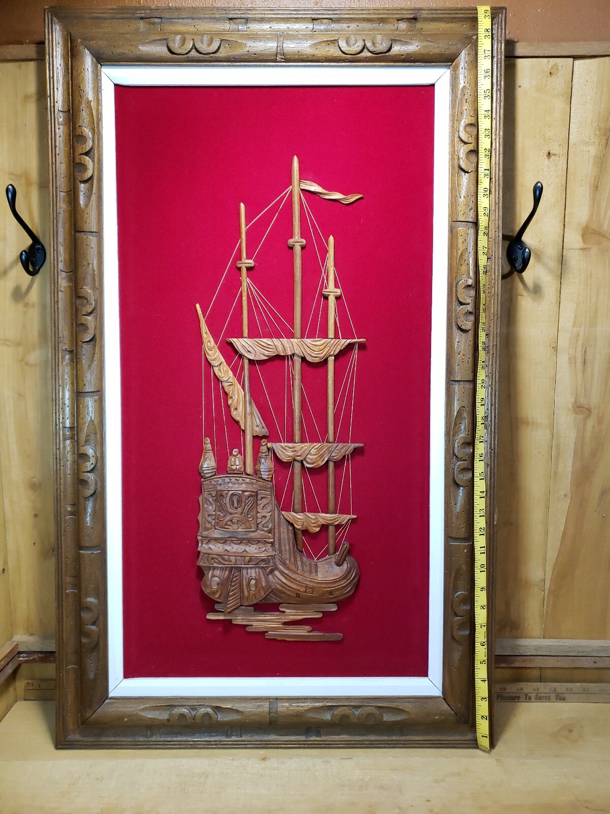Vintage String Art Ship Wall Hanging Framed Carved Wood Han Palace Art Co Taiwan