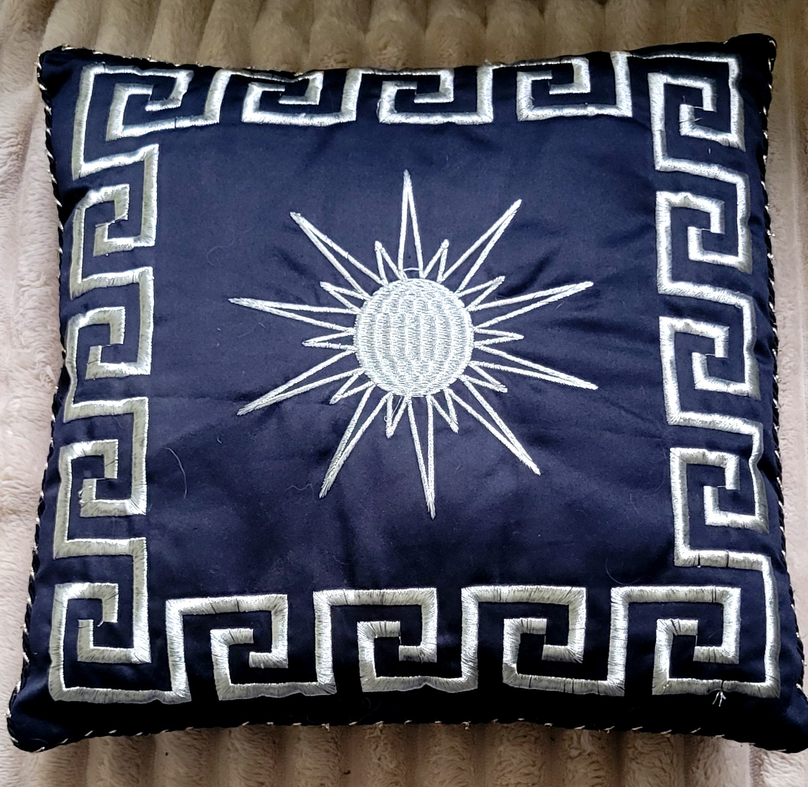 Greek Key Border Pattern Sun Design Embroidered 2 Pillows Sliver on Black