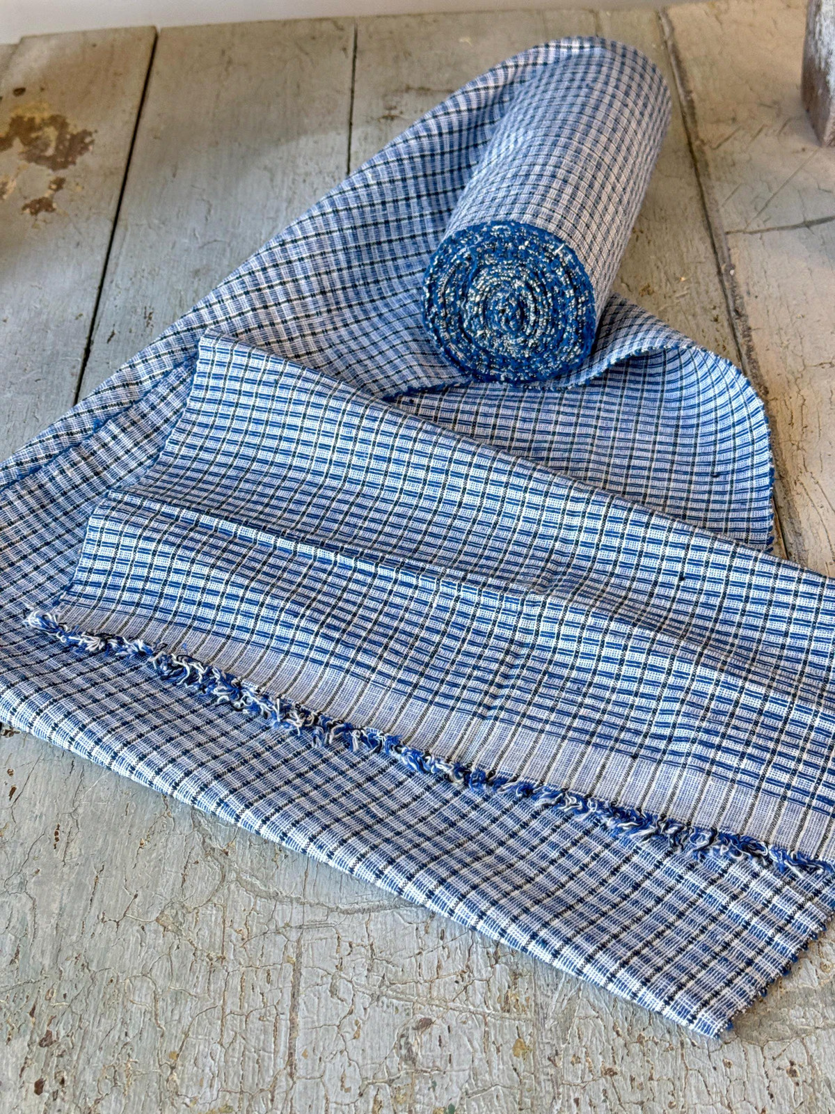 3.7 yrds x15 Fabric Antique blue and white table runner plaid heavyweight cotto